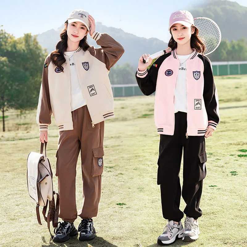 Spring and Autumn Leisure Childrens Sets Girls Solid Color Patchwork Sports Casual Zipper Jacket Cargo Pants Two Piece Set Z250811