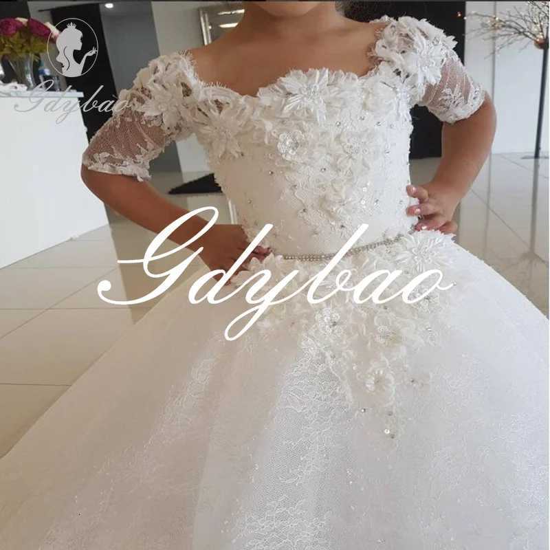 Elegant Flower Girl Dresses Lace Applique Half Sleeve Tulle O-Neck Girls First Communion Dress for Ceremony Birthday Party Dress W250811