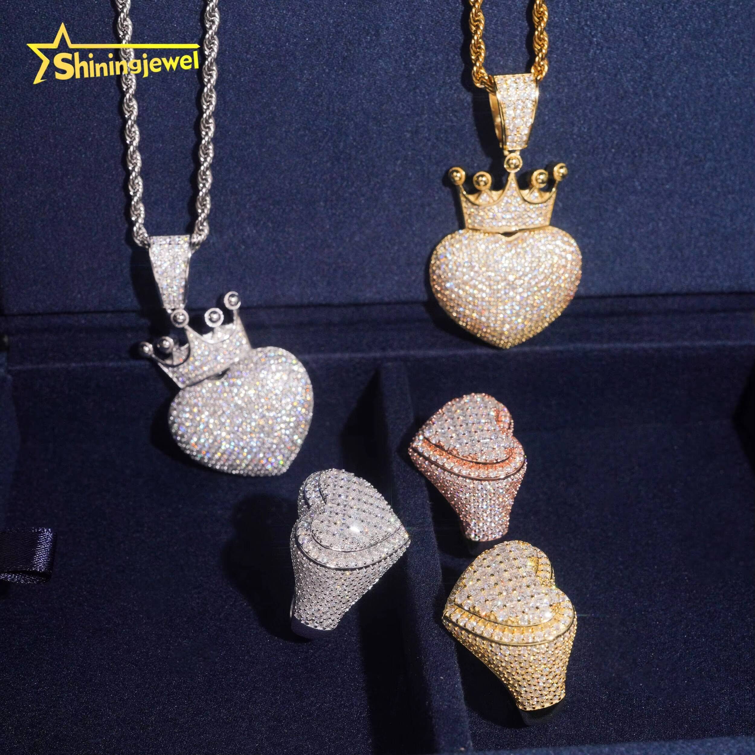Iced Out Luxury Jewelry Sets Hip Hop 925 Sterling Silver Heart Shape D VVS Moissanite Ring with Pendant GRA Certificated