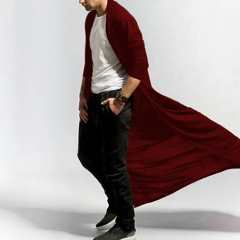 Mens Long Trench Coat Solid Color Windbreaker Open Front AnkleLength Men Jacket Cardigan Autumn Outerwear 250804
