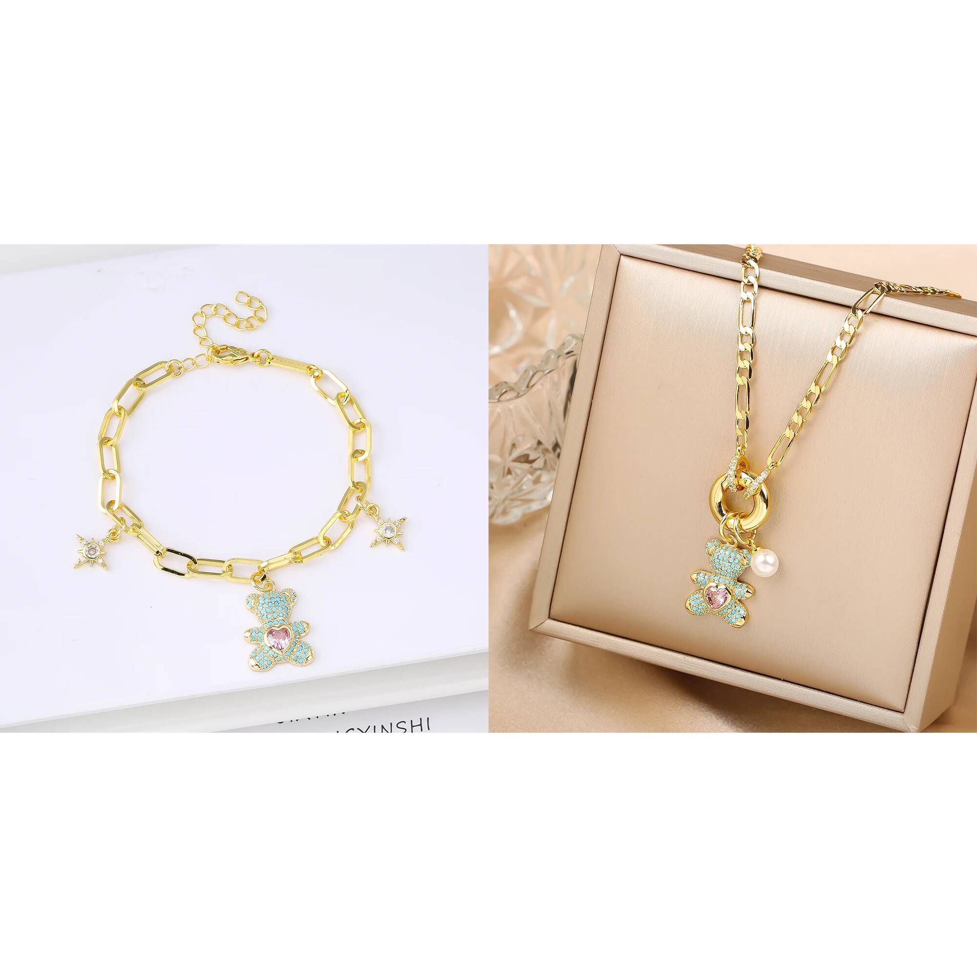 Hot Sale 2PCS Animal Bear Zirconia Bracelet Necklace Set for Women Female Daily Party Crystal Jewelry Girl Gift