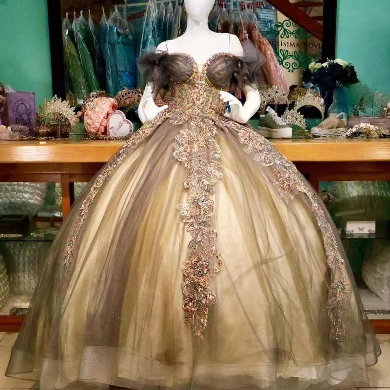 Olive green Shiny Quinceanera Dresses Off The Shoulder Applique Lace Beads Tull Party Birthday Ball Gown Vestidos De 15 Anos Sweet 16 Dress