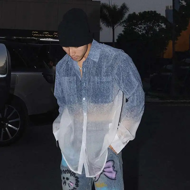 FEWQ Niche Mens Shirts Lapel Denim Single Breasted Long Sleeved Casual Gradient Color Loose Male Pocket Top Chic 24K3470 250811