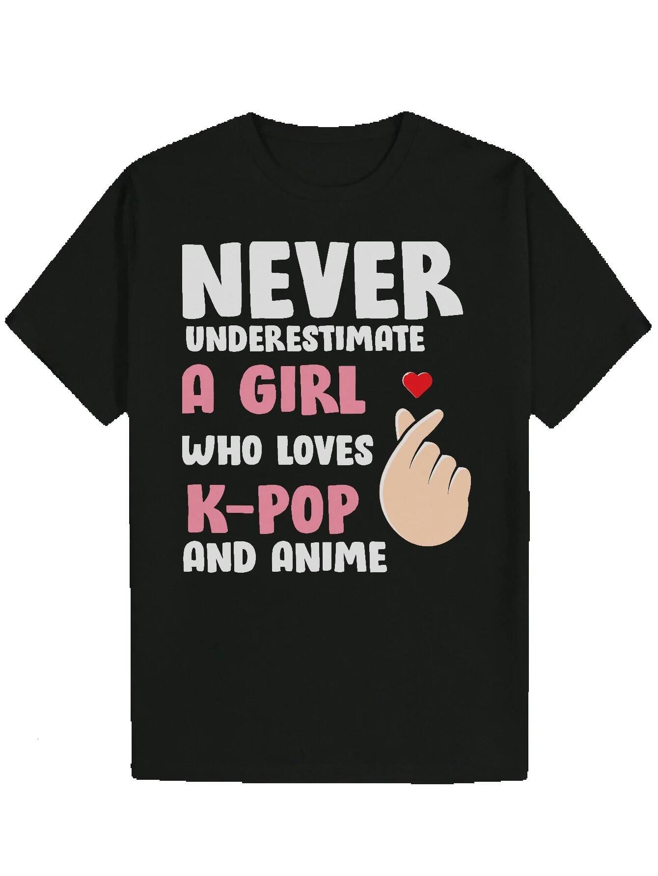 Men's Summer Casual T-Shirt, Polyester Crew Neck, Printed with "Never Underestimate a Girl Who Loves K-POP and Anime", Regular Fit, Adu