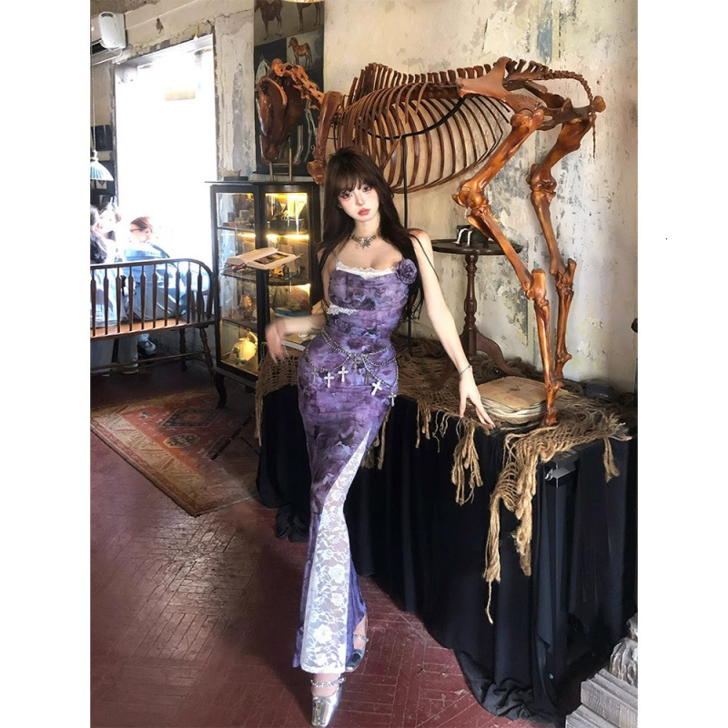 2025 Summer New Women's Original Style Mature Style Purple Dress Summer New Waist trend Tight Strap Dress Lace Long Dress New Designer