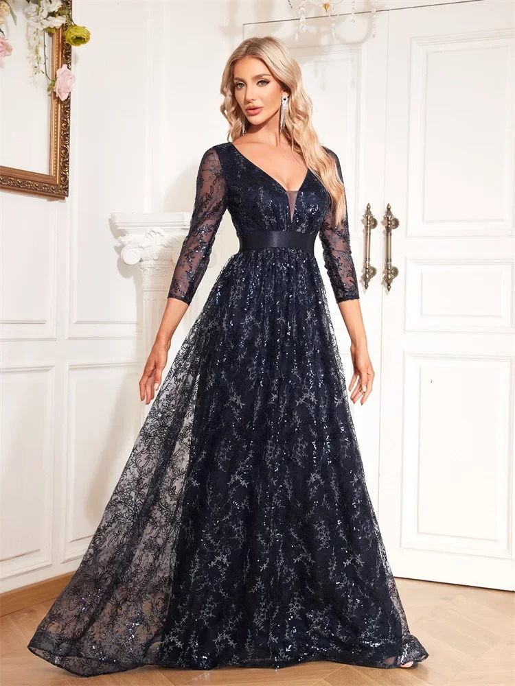 Elegant Blue VNeck Floral Evening Dress Long y Women Sleeve Wedding Party Cocktail Graduation Prom 250811