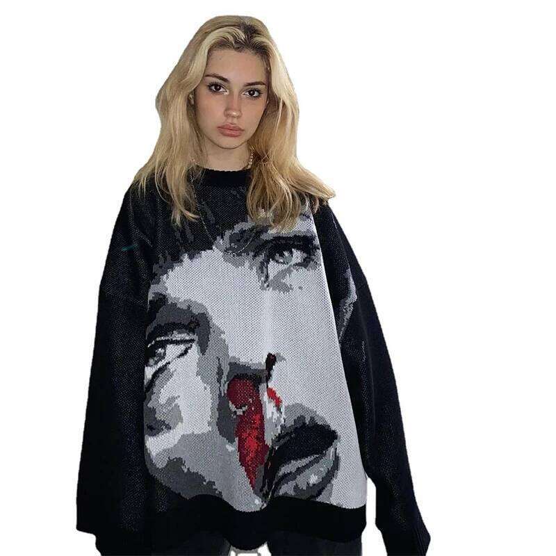 BIG PROMOTION Y2K Autumn/Winter Portrait Jacquard Women's Knitted Sweater Fashion Design Sense Small Round Neck Pullover
