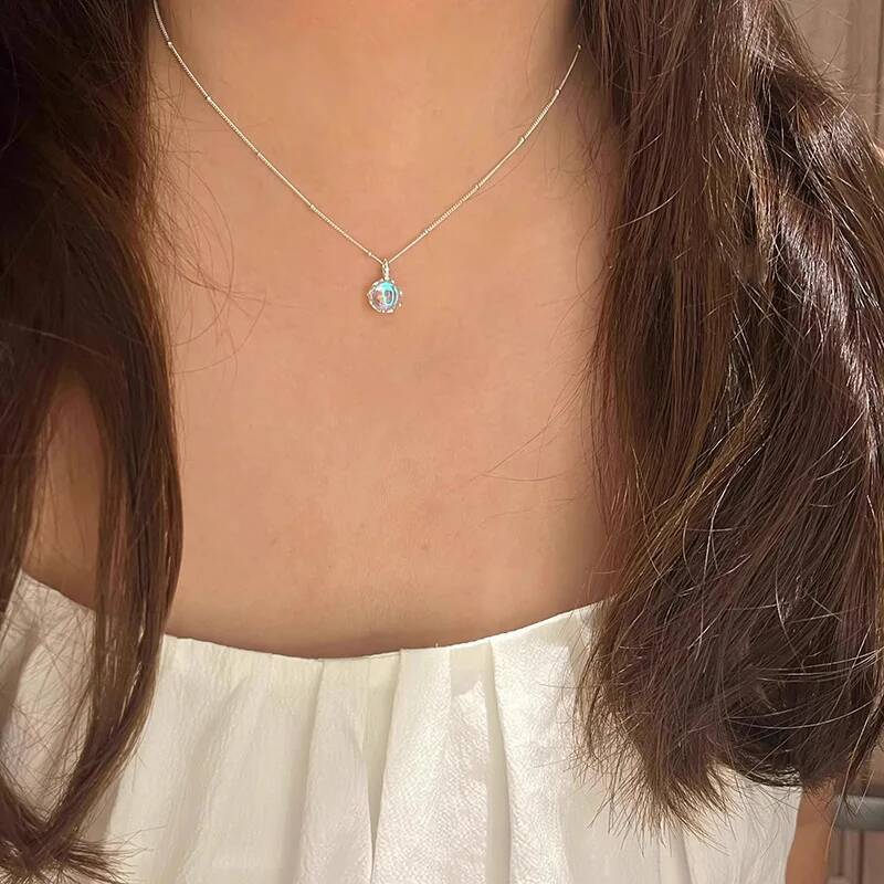 Popular sterling sier moonstone hollow necklace for women exquisite blue round pendant collarbone chain fashionable jewelr