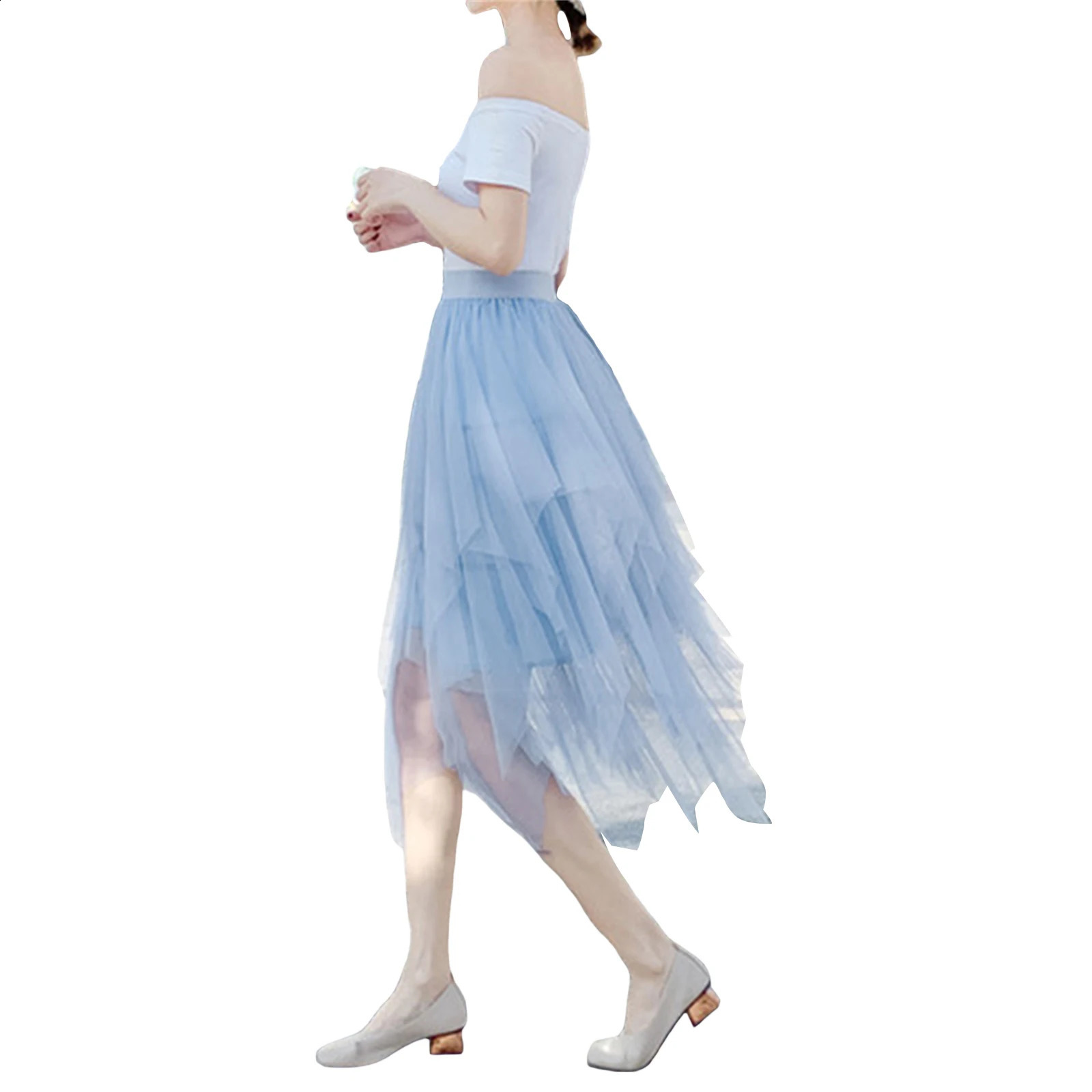 Fairycore Ladys Fashionable Sexy Solid Color Mesh Skirt Irregular Elastic Tulle Bubble Skirt Daily Life and Vacation 250809