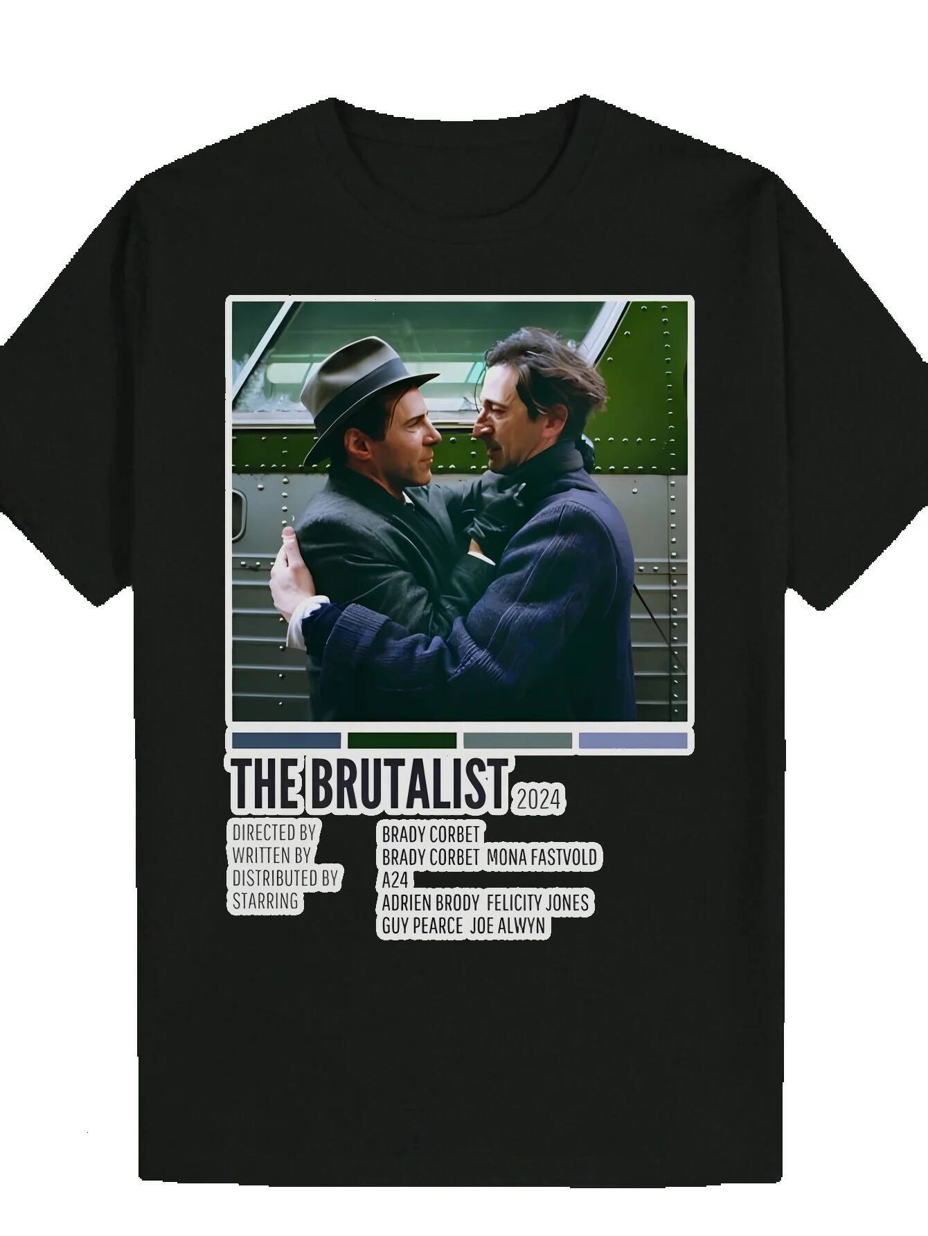 Men's Pattern T-Shirt - Round Neck, Polyester Fiber, with Tape and Character Illustration "Fauvism" Movie Poster Design, Black, Summer 