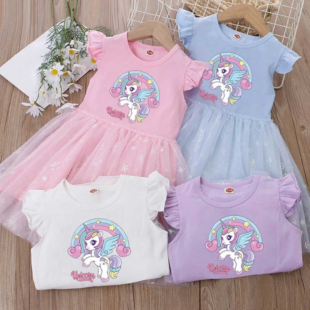 2025 New Summer Rainbow Girls Clothes Princess Dresses Flying Sleeve Kids Dress Unicorn Party Baby Dresses for Children Clothing W250811