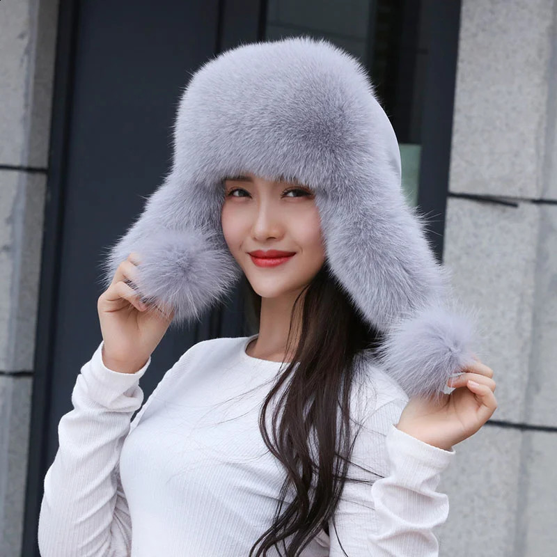 Russian Winter Hat 100% Fox Fur Hats Womens Ushanka Trapper Snow Skiing Hat Caps Earflap Raccoon Fur Bomber Hat 250724