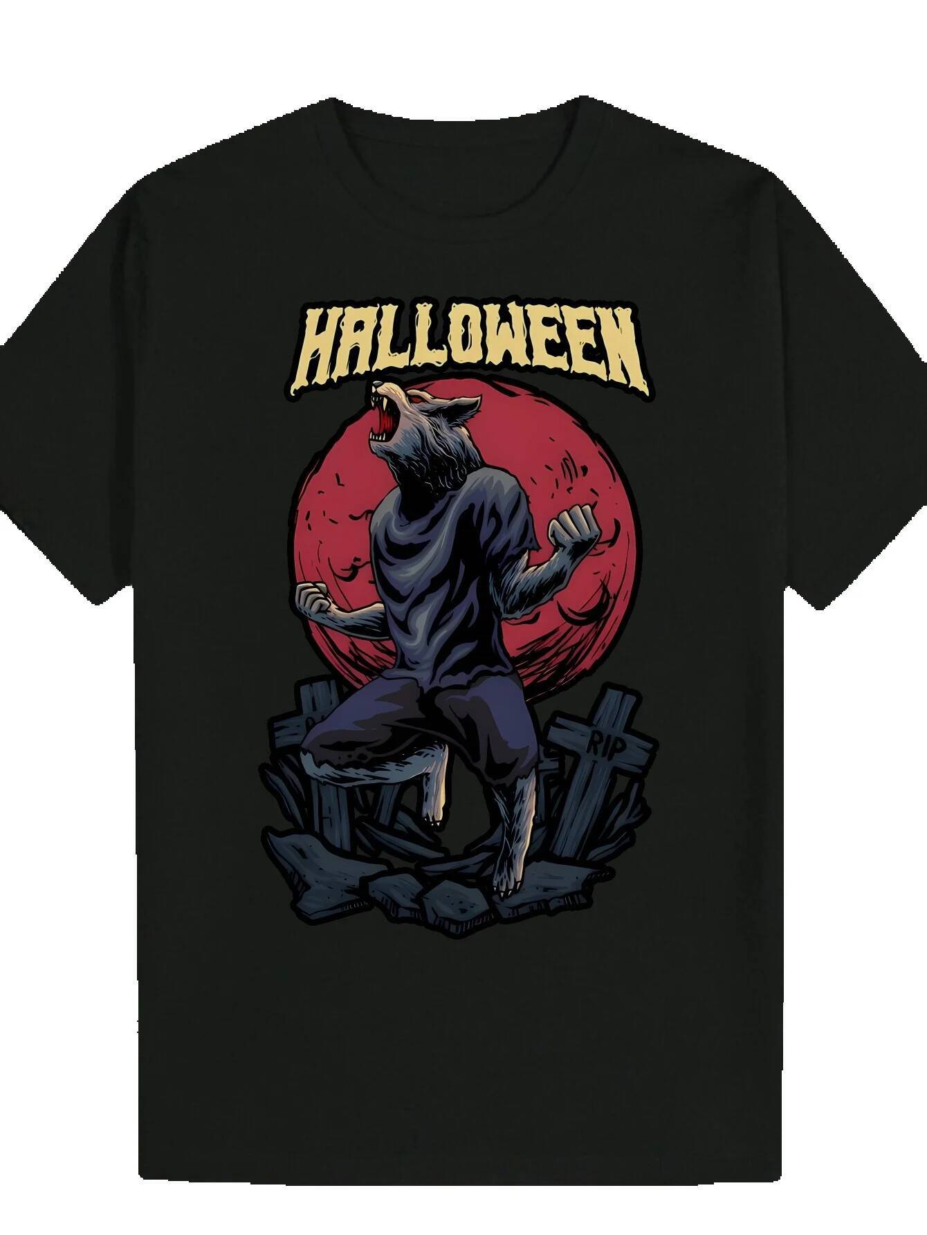 Men's Pattern - Black Summer Casual T-Shirt with Design, Round Neck, Short Sleeve, Polyester Fabric, Perfect for Halloween Parties and Events, Th