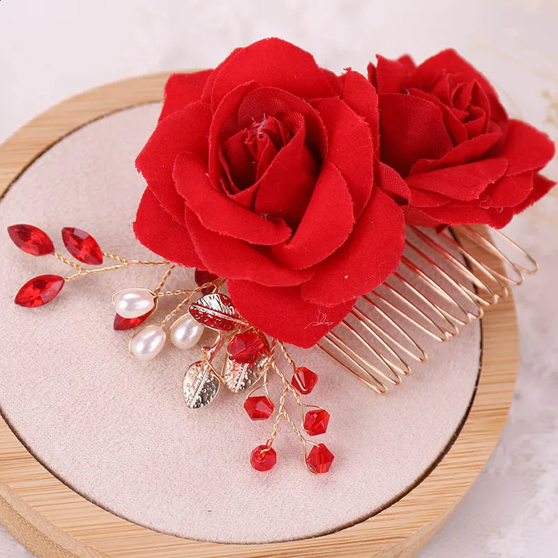 1310 Pcs Exquisite Rose Flower Hair Comb Pearl Red Floral Combs For Bridal Jewelry Tiaras Wedding Headdress 250804