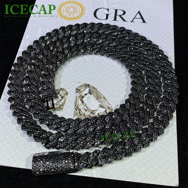 8mm Custom Black VVS Moissanite Diamond Cuban Link Chain Necklace for Men Hip Hop Fine Jewelry Chain 925 Silver Charm Necklace