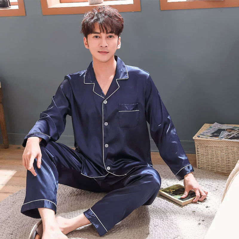 Men Pajama Sets Microfiber Sleepwear Sleeping Man Shirt Silk Long Sleeve Pyjama Male Home Wear Plus Size Loungewear Nightgown 250809
