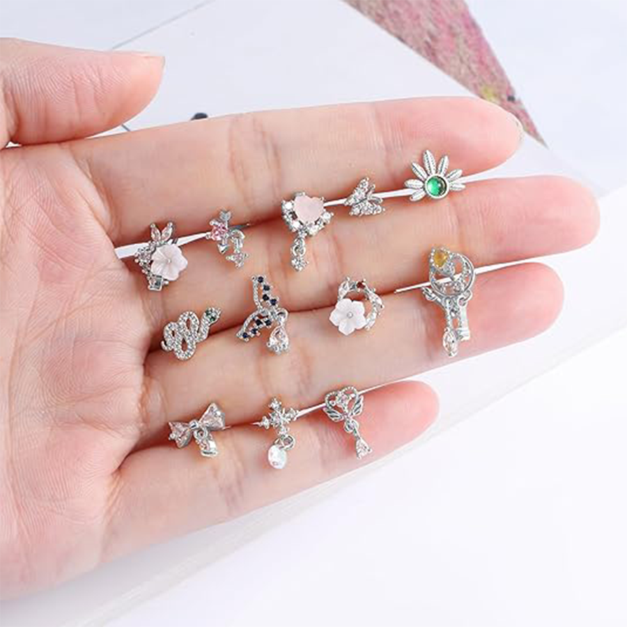16Pcs 20G Nose Rings L Shaped Nose Studs for Women Stainless Steel Heart Snake Flower Bowknot CZ Butterfly Moon Dangle Nose Stud Ring Body Piercing Je