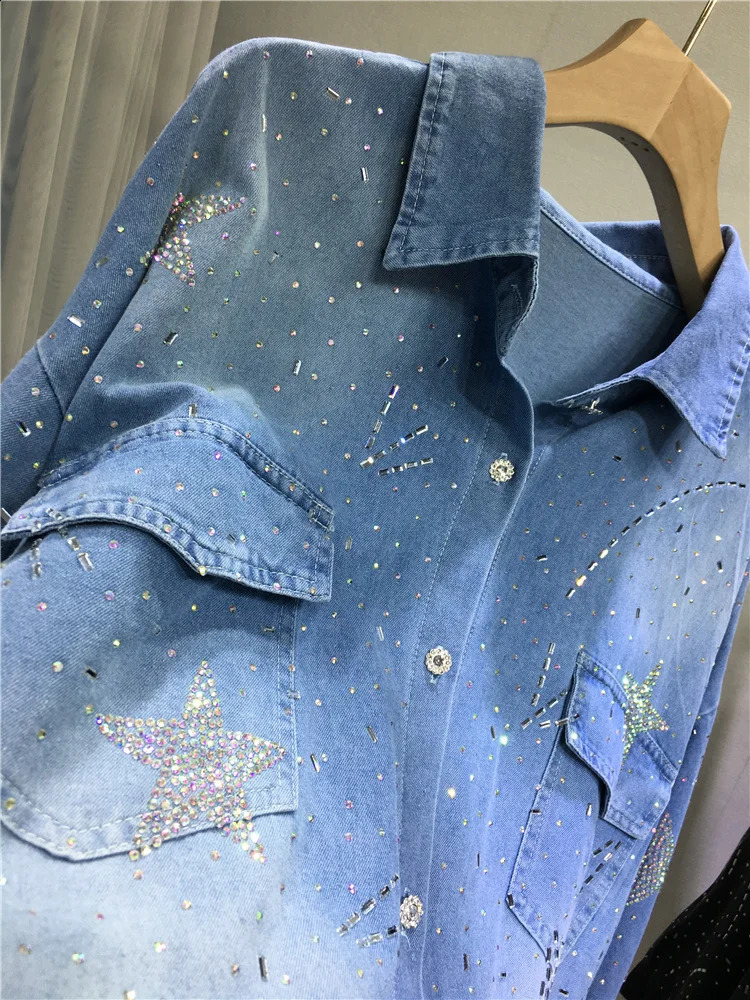 Style Sparkle Rhinestone Drilling Denim Jacket For Womens Fashion Blouses Long Sleeve Outwear Denim Top 250804