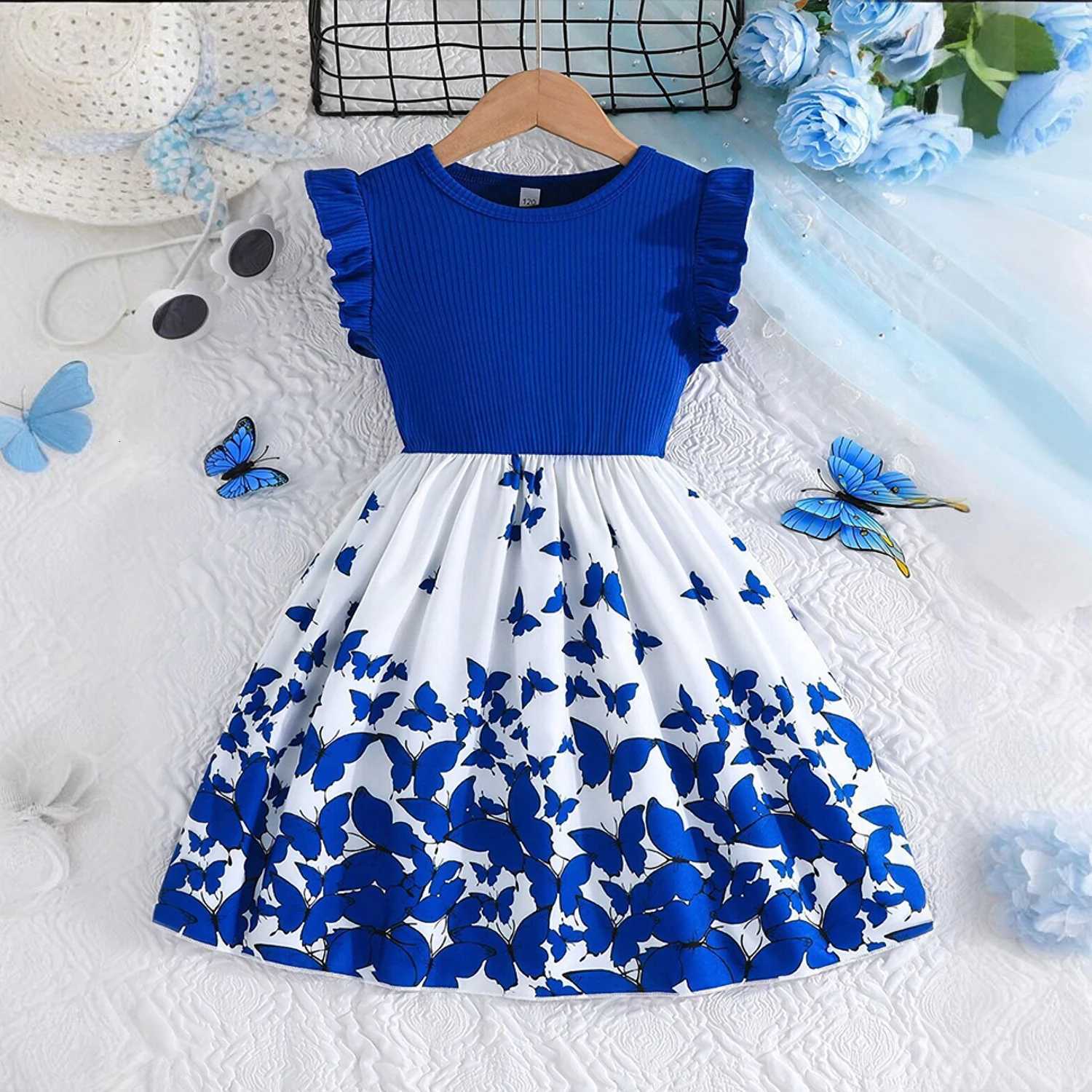 Butterfly Dress for Girls Summer Clothes Rose Flower Printing Kids Casual Ruffles Dress 2 to 8 Yrs Little Girls Dresses W250811