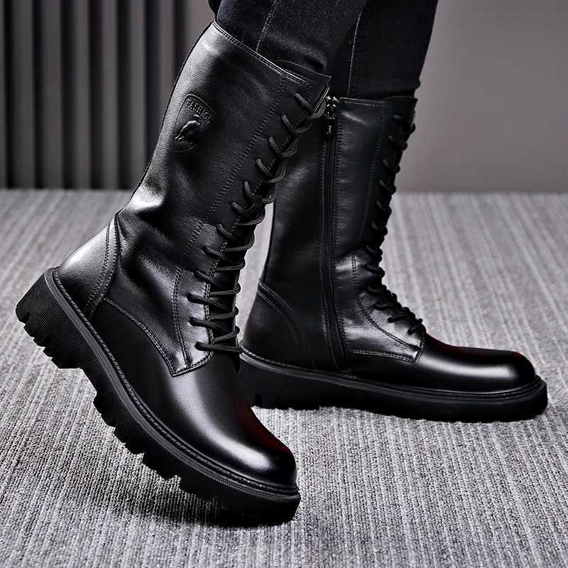 Winter Mens Riding Boots Genuine Leather Lace Up Extra Long Mongolian High Top Soft Plush Ankle Boots Denim Knight Motorcycle W250811