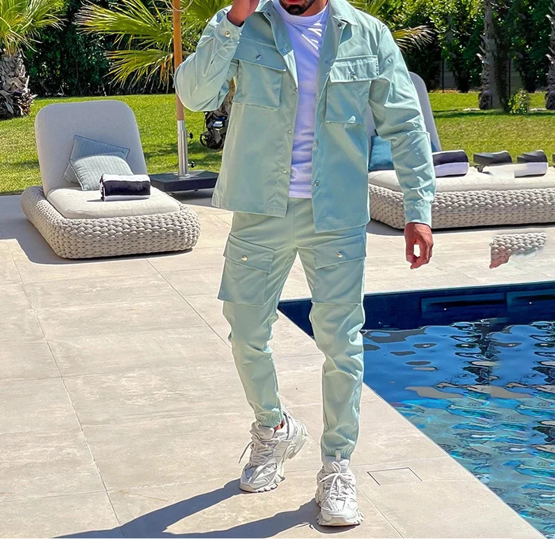 Autumn Sets for Men Clothes Fashion Versatile Casual Tailored Collar Solid Long Sleeved Jacket Sweat Cargo Pants Suit Y2k 250811