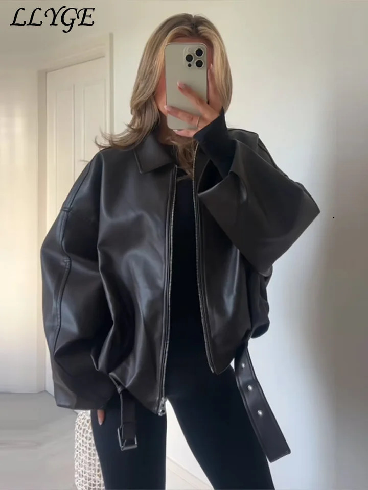 Street Womens Belt Leather Jackets Loose Lapel Zipper Long Sleeve Pockets Female Coats 2025 Autumn Lady Fashion Y2k Outwear 250811