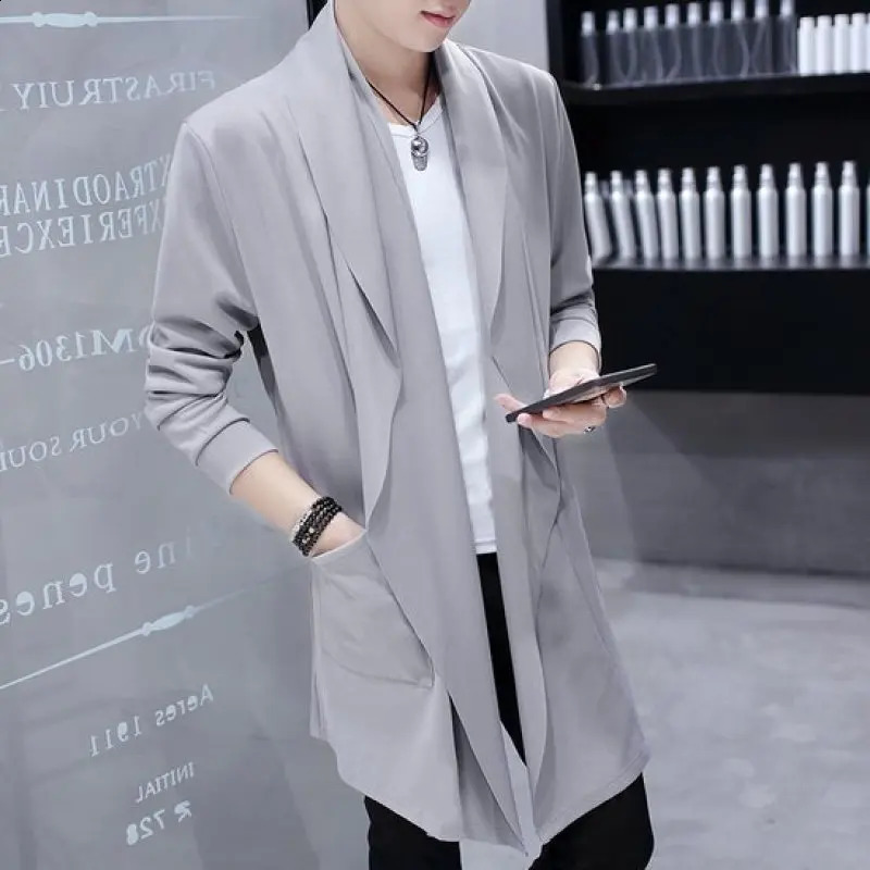 Mens Shawl Casual Cardigan Long Sleeve Trench Coat Lightweight Open Front Length Korean Style 250804