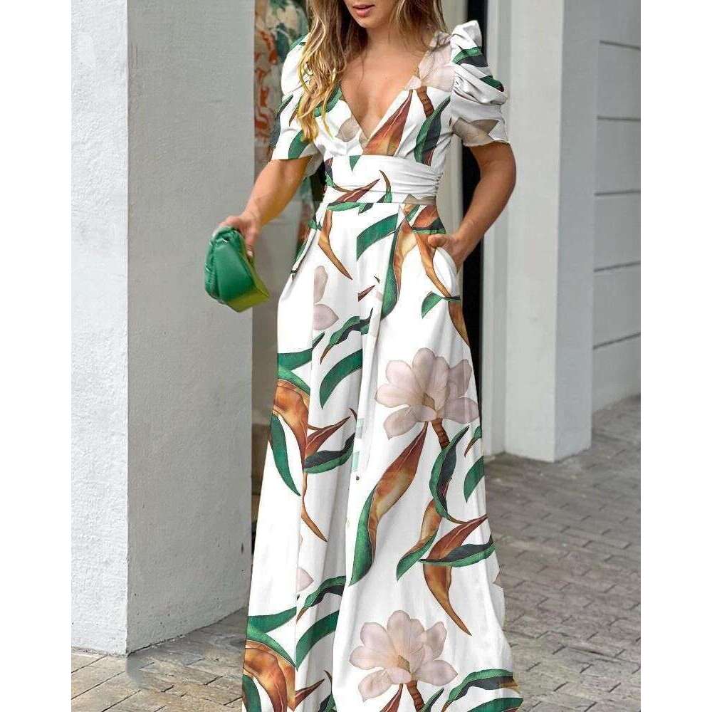 Women's Clothing Spring Fashion Temperament V Neck Waist Short Sleeved Wide Leg Jumpsuit