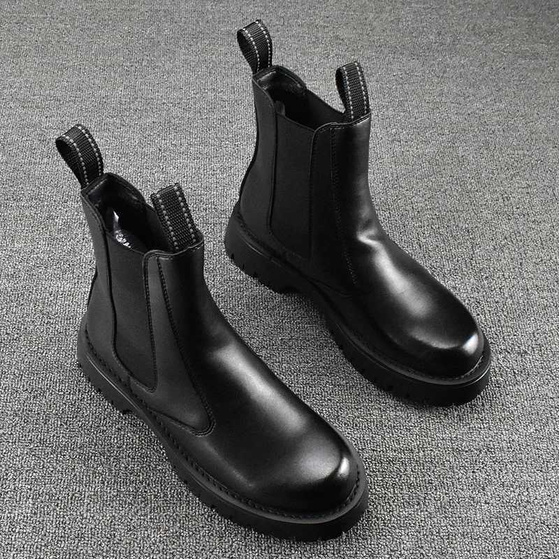 Korean Style Mens Chelsea Boots Black White Casual Shoes Stage Nightclub High Motorcycle Boot Original Leather Platform Botas W250811