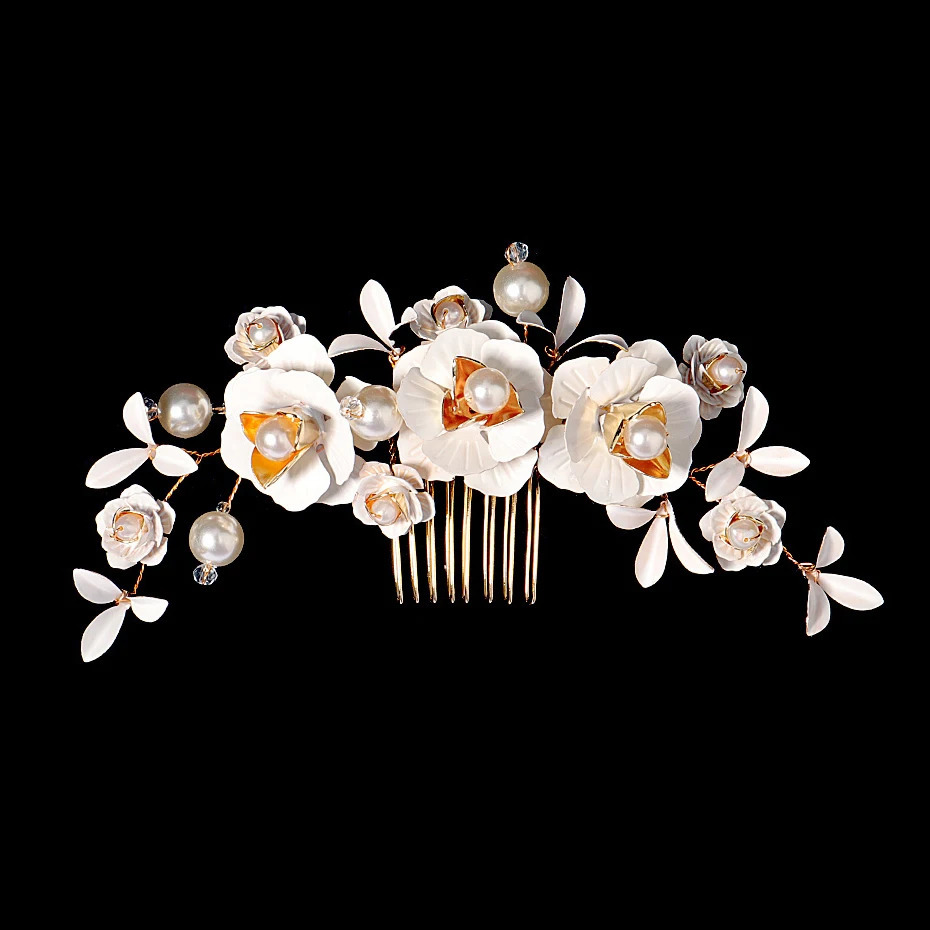 Gold Color Floral Wedding Hair Combs Bridal Accessoaries for Women Bride Pearl Headpiece Jewelry Bridesmaid Gift 250804