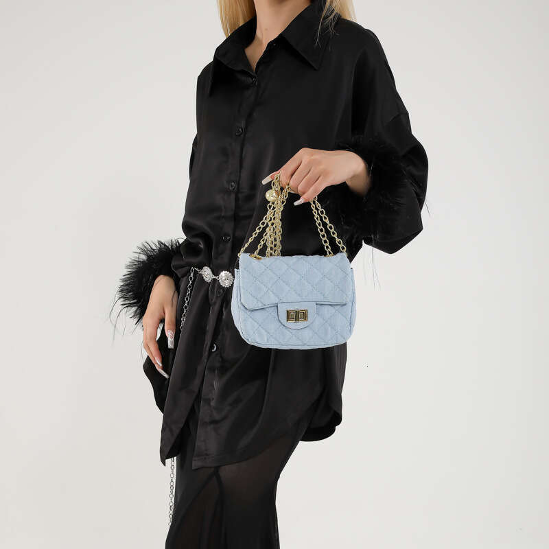 DHessentials Trendy Quilted Denim Crossbody Bag - Stylish Small Square Shoulder Purse with Chain Strap for Women (12.5x17x8cm, 180g)