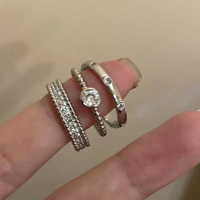 3pcs Vintage Silver Color Rings Fashion Y2k Crystal Round Set Rings For Women Girls Trend Party Aesthetic Jewelry Fashion Rings 250807