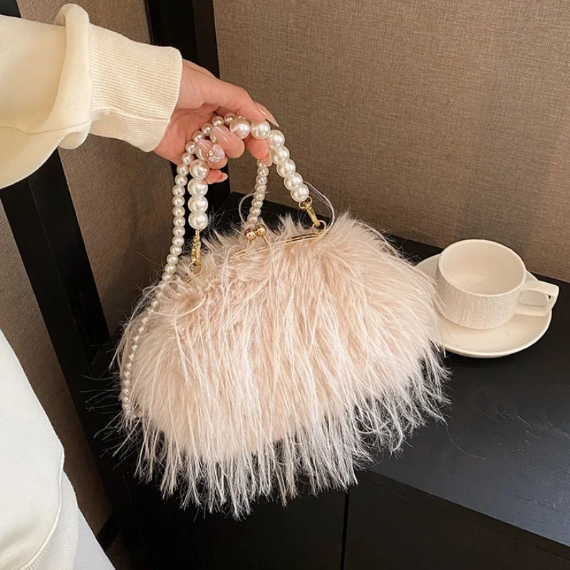 Small Soft Plush Beaded Shoulder Side Bag for Women Winter Fashion Trend n Handbags Clutch Bags 250811