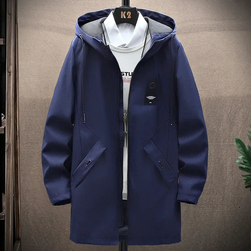 2023 Autumn Mens Hooded Jacket Solid Color Zipup Mediumlength Casual Trench Coat Windbreaker Stock Available 250729