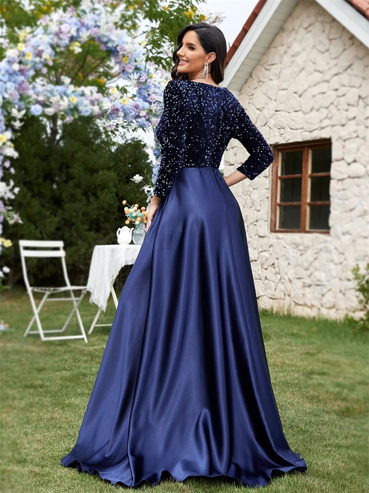 Lucyinlove y Long Sleeve VNeck Satin Formal Evening Dresses Elegant Wedding Party Sequins Women Prom Cocktail Gowns 250811