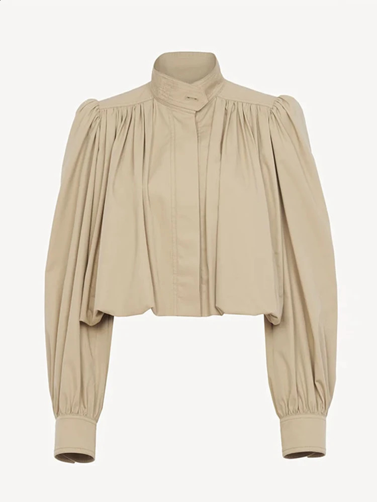 Fashion Stand Collar Short Jacket Women Long Puff Sleeve Single-breasted Pleated Womens Coat Autumn Lady Outwears Street 250804