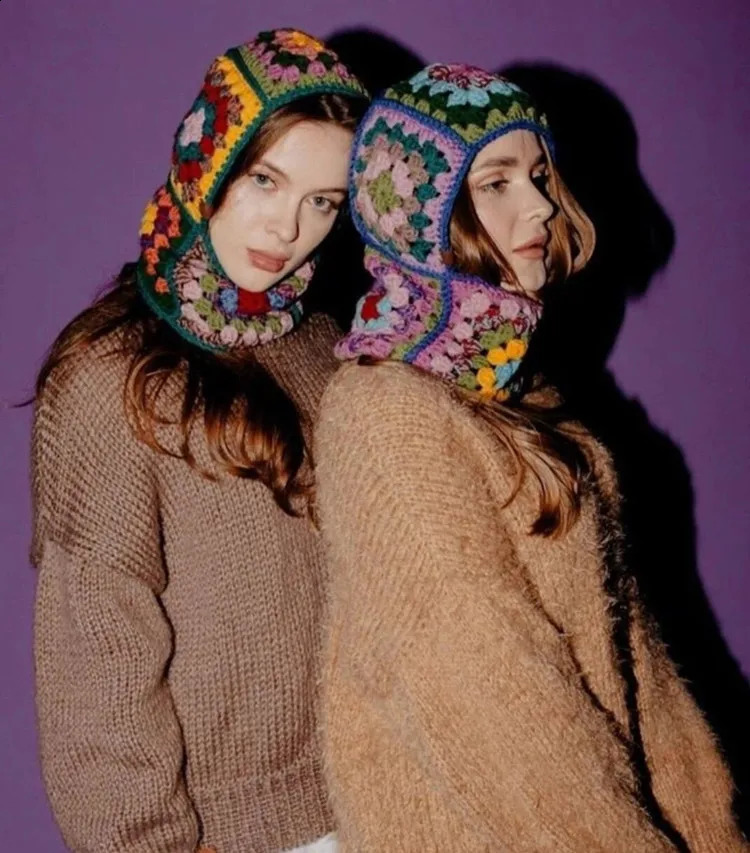 Colorful wool knit Balaclava Granny wooden Square Winter warm Crochet Hoodie hat Winter Accessories 250808