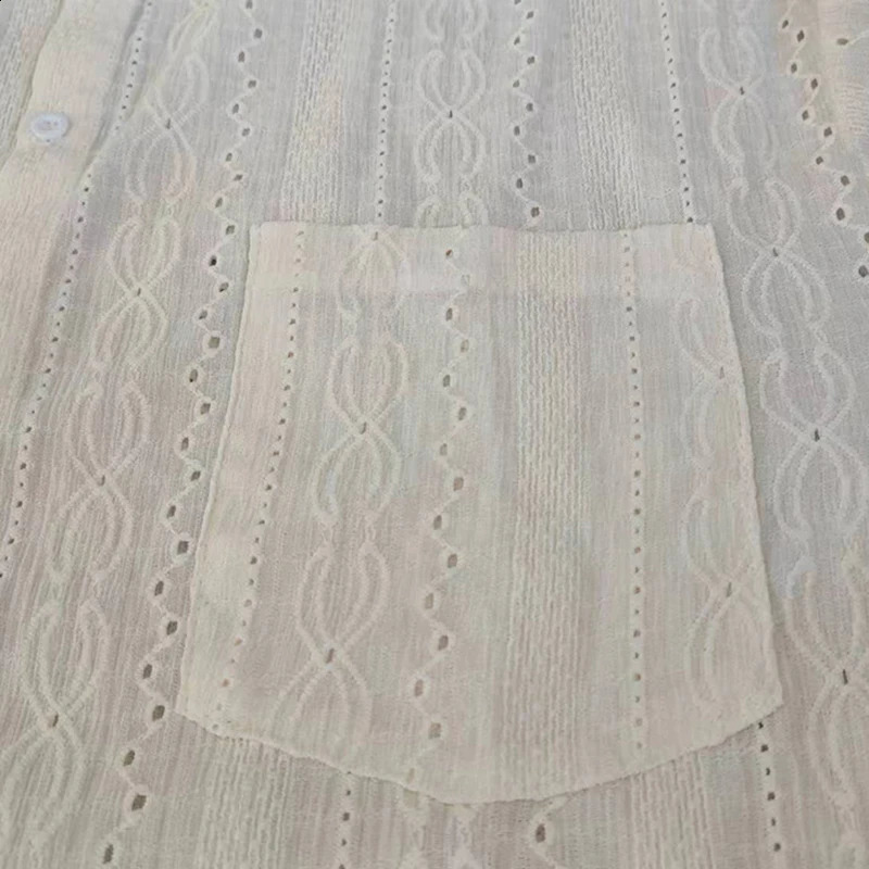 Shirts for men Apricot Handsome Lapel Men Blouse Vacation Hollow Out Sexy Fashion Men Clothing Male Mesh Long-sleeved Shirts 250811