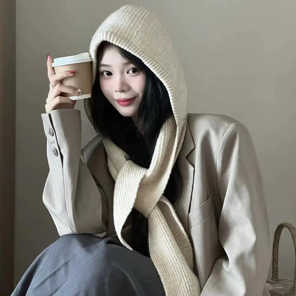 Winter Women Hooded Hat Knitting Wool Warm Balaclava Beanies Skullies For Female Girl Solid Color Outdoor Cold-proof Bonnet 250808