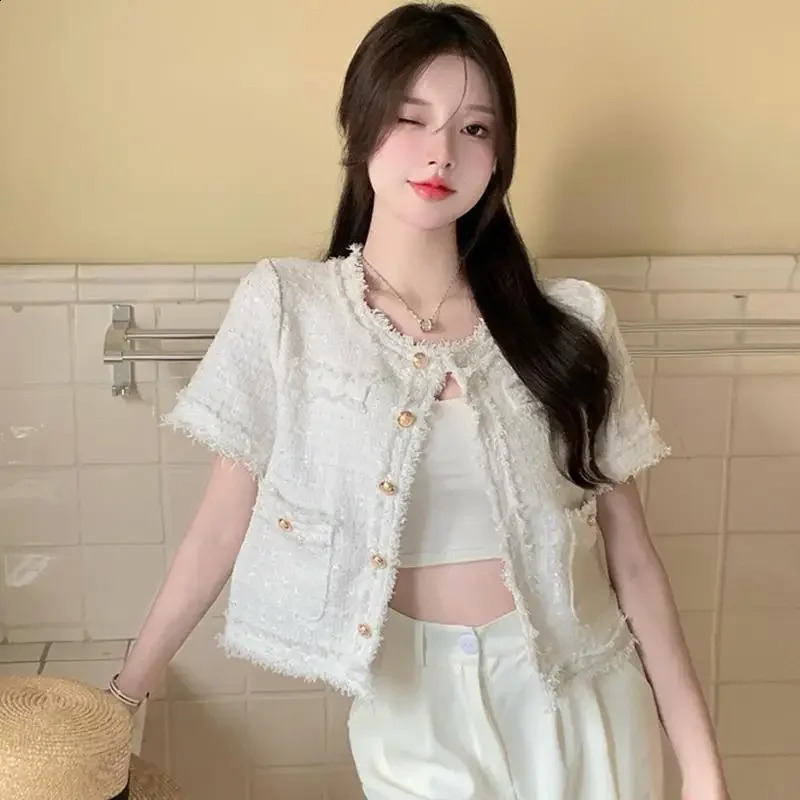 Coarse Tweed Fringed Cropped Versatile Loose-Fit Stylish Short Sleeves Jacket Womens Clothing Crew Neck Top 250805