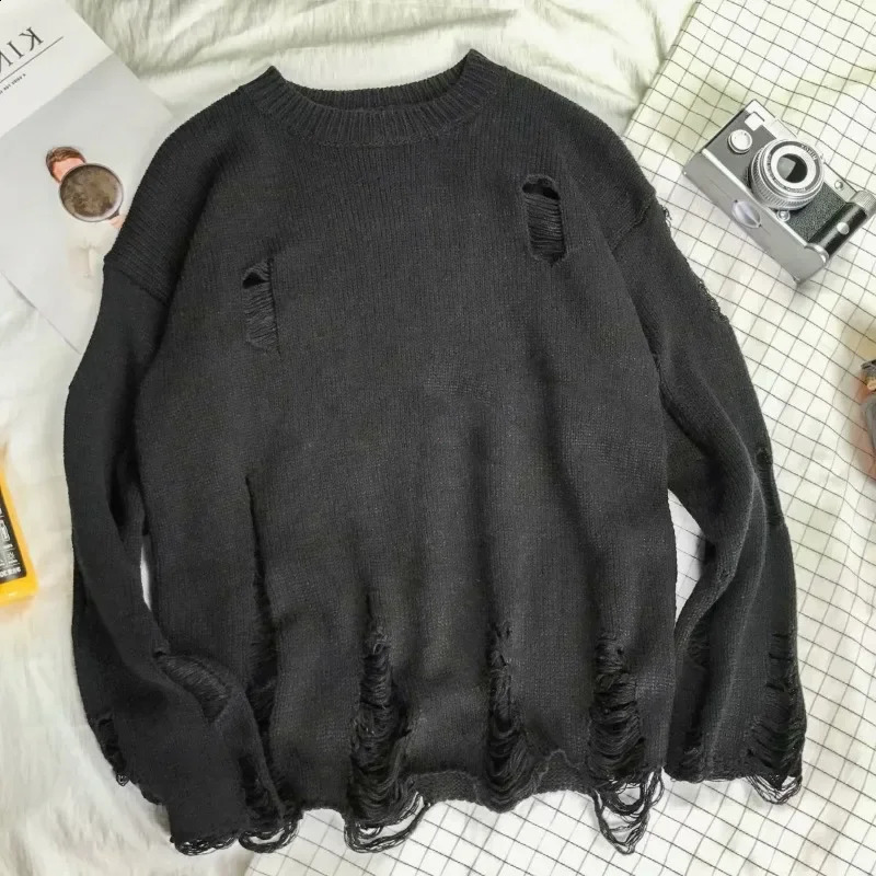 Men Women Streetwear Hip Hop Pullovers Jumper Fashion Oversized All-match Men Spring Wash Hole Ripped Knit Sweaters 250805
