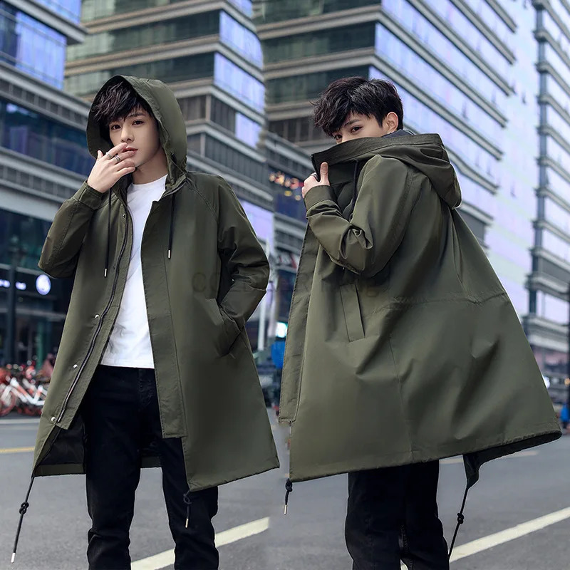 Spring Man Trench Coat Long Fashion Hooded Windbreaker Jacket for Men Black Green Overcoat Casual Outdoor Hiking Rain Coat 250805