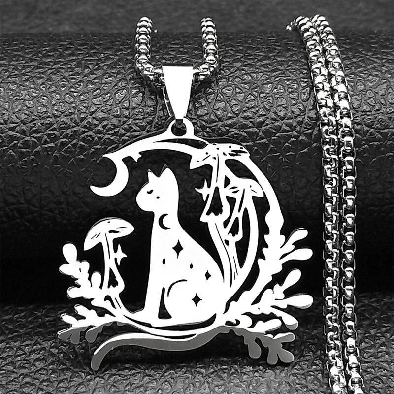 Night Witchcraft Black Cat Pendant Necklace For Women Men Stainless Steel Half-Moon Mushroom Plant Chain Jewelry Gifts Jewelry for Women