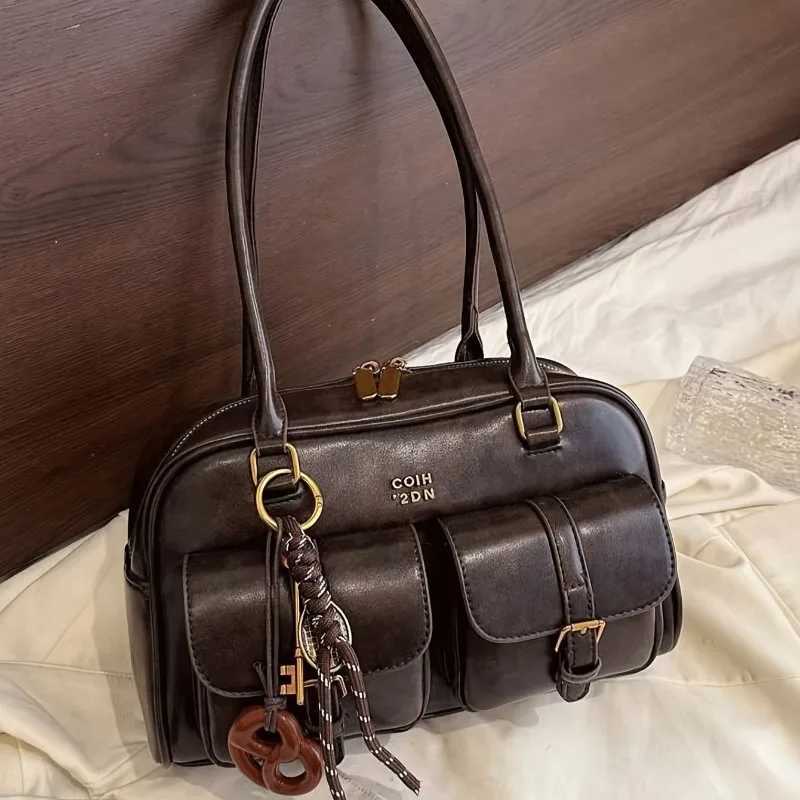 Womens Coffee Brown Multi-Pocket Handbag Shoulder Bag Stylish Versatile Letter Crossbody Purse for Travel Work Shopping Dates Z250811