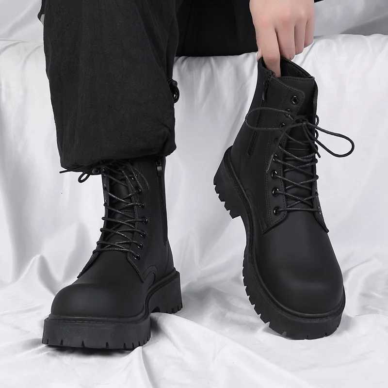 Mens Boots High Top Leather Boots British Style Black Ankle Boots Platform Lace Up Motorcycle Boots Couple Outdoor Casual Shoes W250811