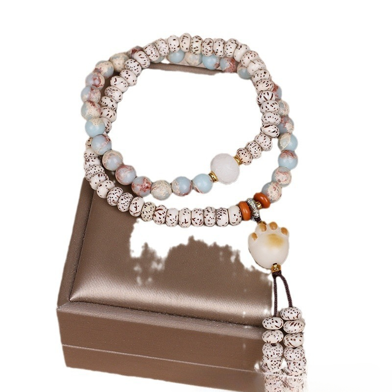 Retro ethnic style temple star moon bodhi double circle carbon coke cat paw pendant bracelet 25811