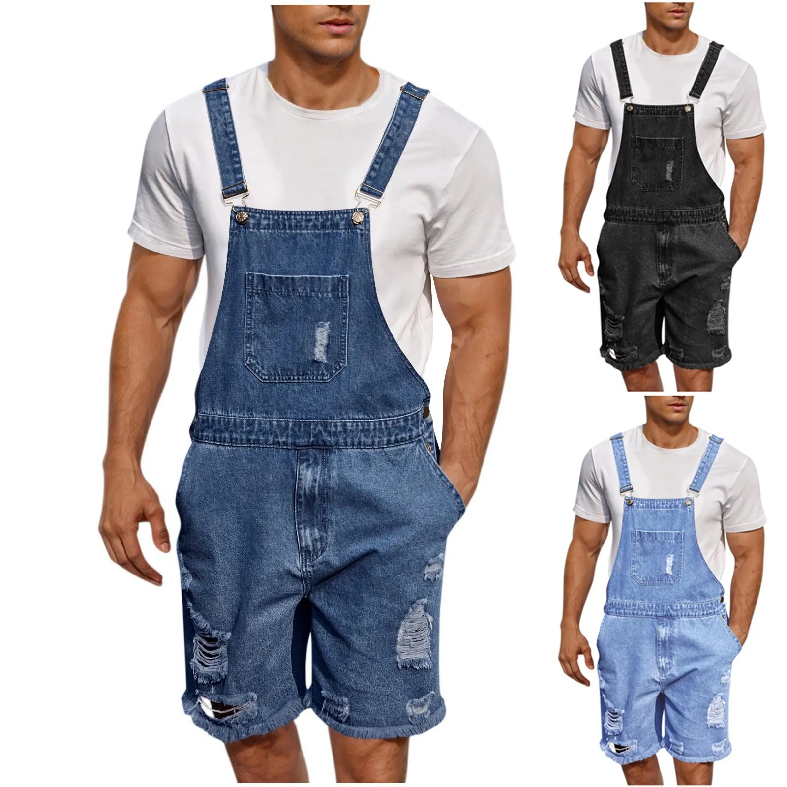 Summer Mens Vintage Jeans Overalls Elastic Denim Jumpsuit With Pockets Men Casual Button Suspenders Short Pants 250729