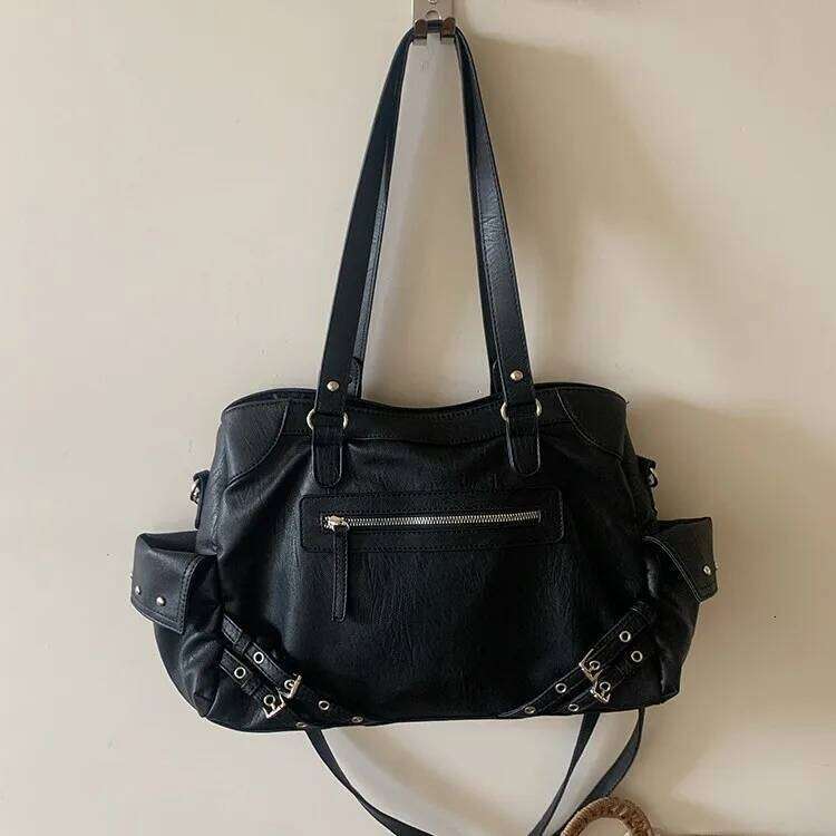 Deinet Korean Niche Large Capacity Drawstring Motorcycle Tote for Women Rivet Handbag Single Shoulder Crossbody Bag