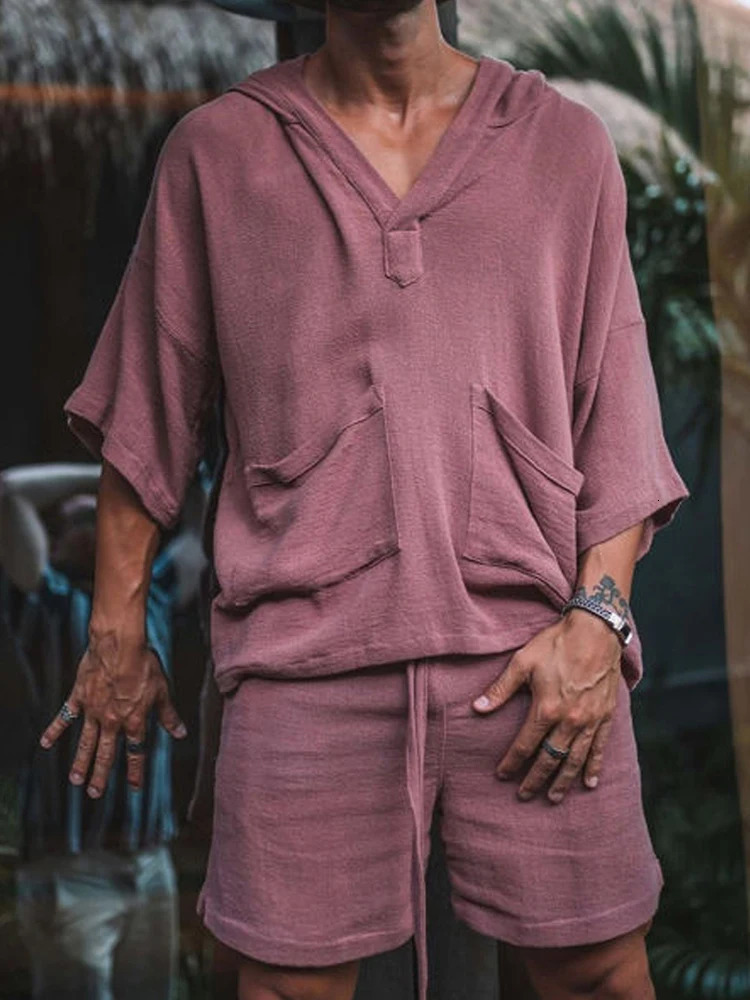 Fashion Men Two Piece Set Casual Cotton Linen Solid Loose Outfits Summer Half Sleeve V-Neck T-Shirt And Shorts Suits For Mens 250811