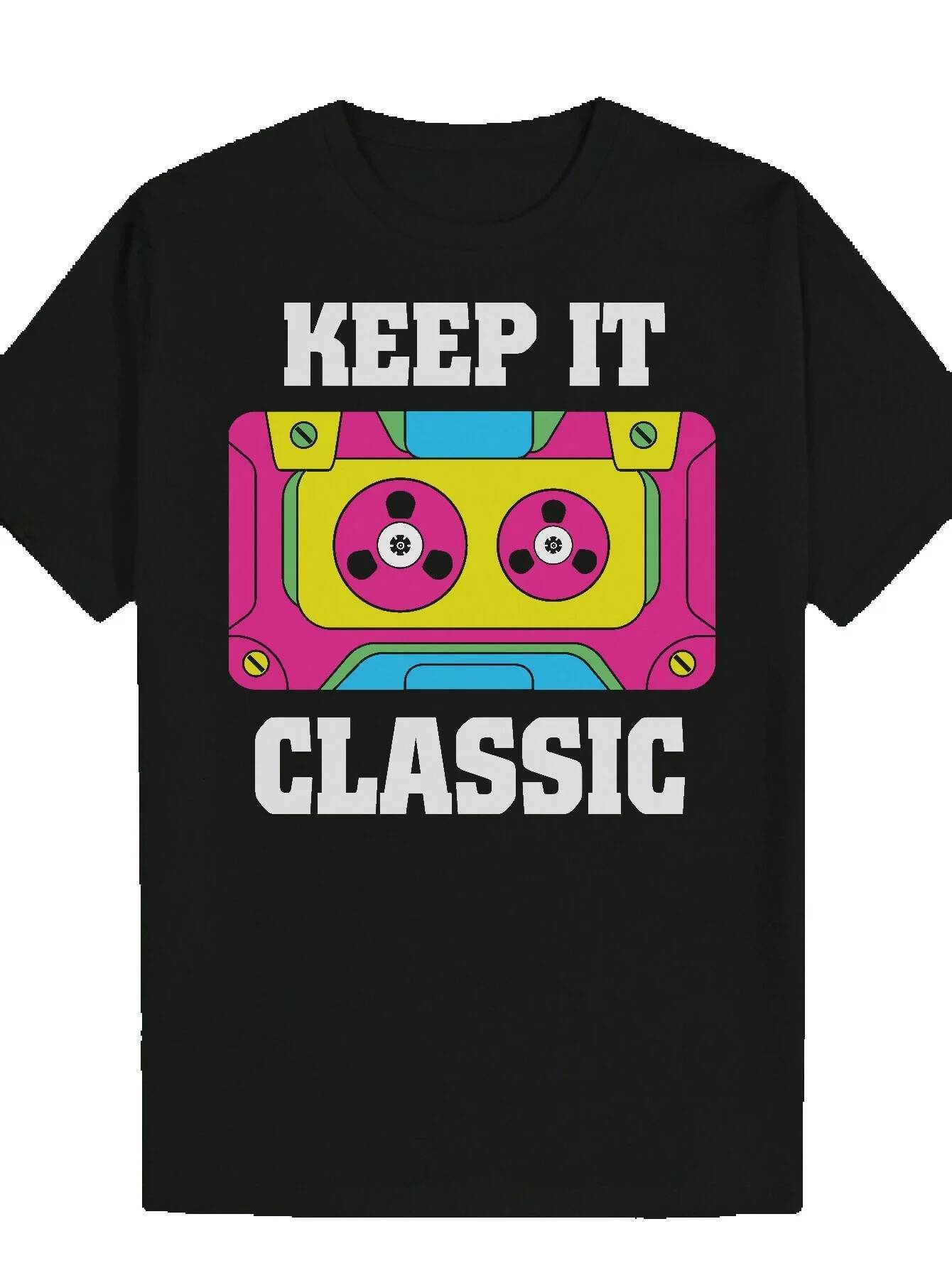 Men's Summer Casual wih Cassee Tape - "Say Classic" Tex, Shor Sleeve, Crew Neck, Lighweigh Polyeser, Everyday Paern T-shir | Comforable